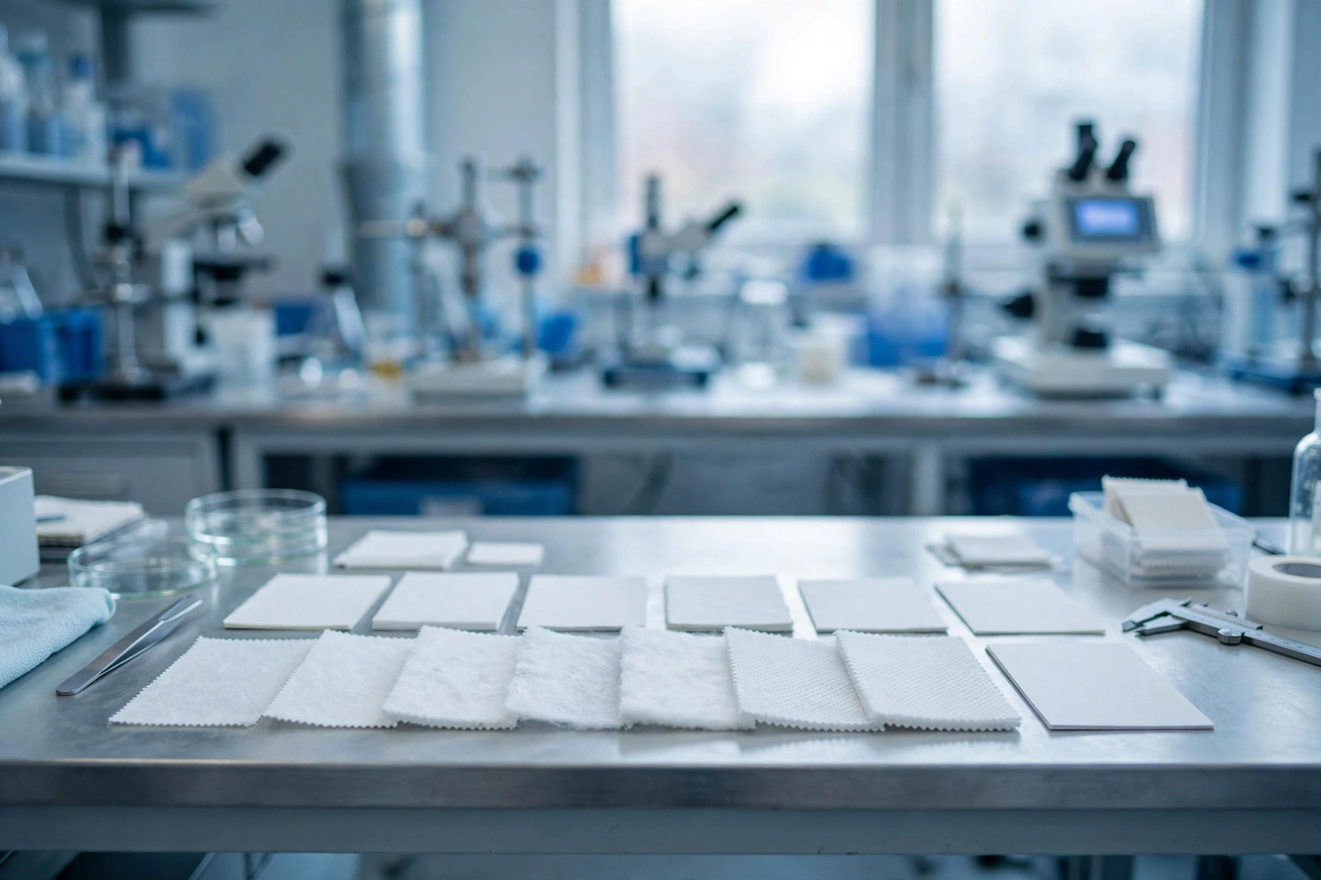 White nonwoven specimen pieces arranged for comparison on a laboratory bench