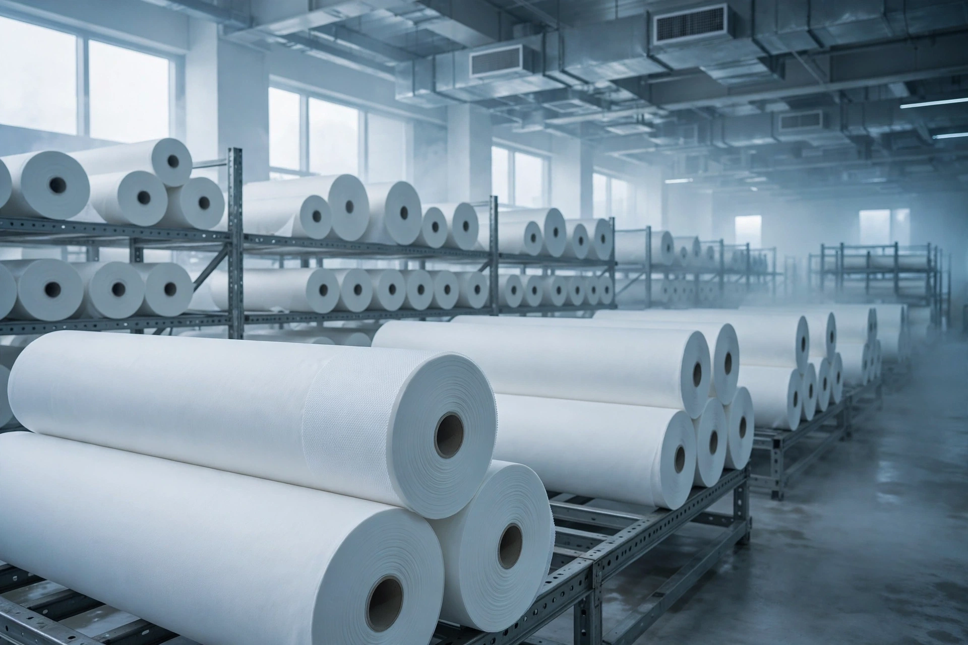 White nonwoven rolls arranged on metal racks in a clean cool-toned storage illustration